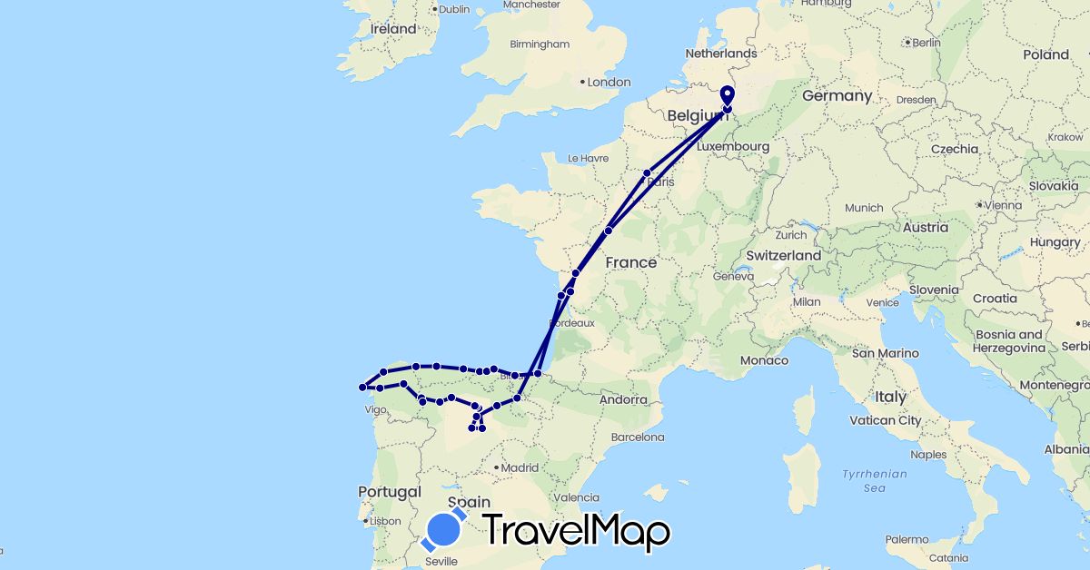 TravelMap itinerary: driving in Spain, France, Netherlands (Europe)